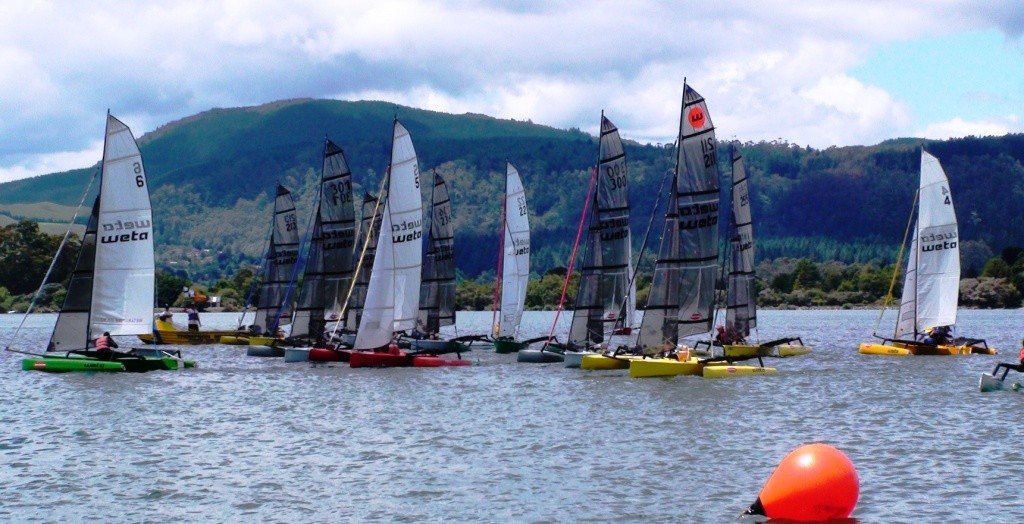 An early port tacker crosses the fleet at the start of race 6 - 2009 Ronstan NZ Weta Championship © Chris Kitchen